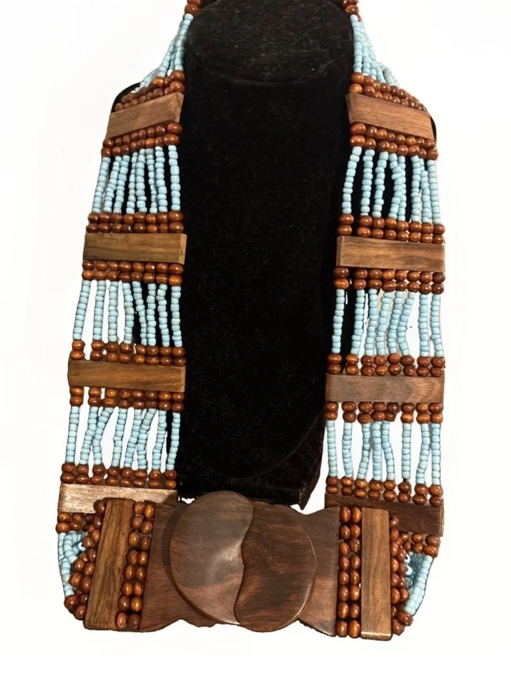 Beaded Wooden Waist Belt - Light Blue/Wood